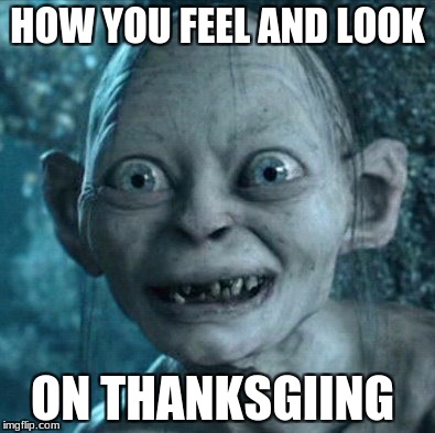 Gollum | HOW YOU FEEL AND LOOK; ON THANKSGIING | image tagged in memes,gollum | made w/ Imgflip meme maker