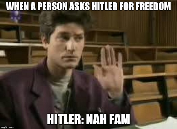 Student | WHEN A PERSON ASKS HITLER FOR FREEDOM; HITLER: NAH FAM | image tagged in student | made w/ Imgflip meme maker