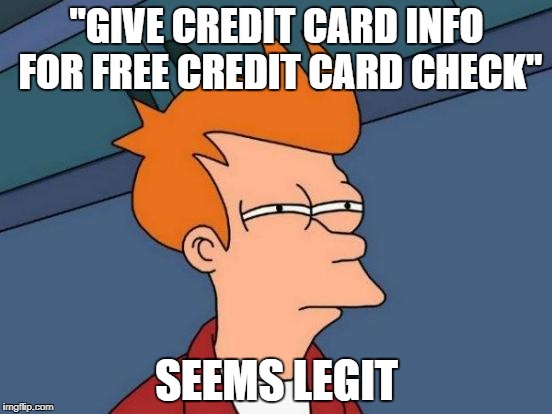 Futurama Fry Meme | "GIVE CREDIT CARD INFO FOR FREE CREDIT CARD CHECK"; SEEMS LEGIT | image tagged in memes,futurama fry | made w/ Imgflip meme maker