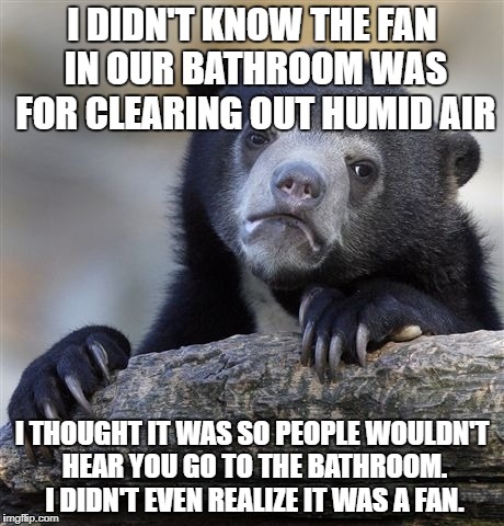 Confession Bear | I DIDN'T KNOW THE FAN IN OUR BATHROOM WAS FOR CLEARING OUT HUMID AIR; I THOUGHT IT WAS SO PEOPLE WOULDN'T HEAR YOU GO TO THE BATHROOM. I DIDN'T EVEN REALIZE IT WAS A FAN. | image tagged in memes,confession bear,bathroom,fans,funny,the more you know | made w/ Imgflip meme maker