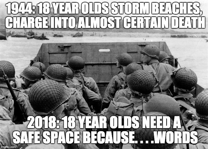 2018 Butthurt | 1944: 18 YEAR OLDS STORM BEACHES, CHARGE INTO ALMOST CERTAIN DEATH; 2018: 18 YEAR OLDS NEED A SAFE SPACE BECAUSE. . . .WORDS | image tagged in normandy omaha beach | made w/ Imgflip meme maker
