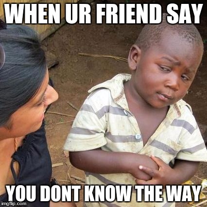 Third World Skeptical Kid | WHEN UR FRIEND SAY; YOU DONT KNOW THE WAY | image tagged in memes,third world skeptical kid | made w/ Imgflip meme maker