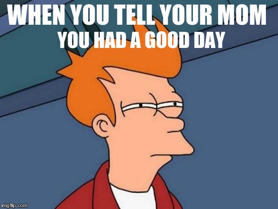 Futurama Fry | YOU HAD A GOOD DAY; WHEN YOU TELL YOUR MOM | image tagged in memes,futurama fry | made w/ Imgflip meme maker