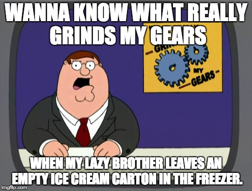 Wow we have so much in common | WANNA KNOW WHAT REALLY GRINDS MY GEARS; WHEN MY LAZY BROTHER LEAVES AN EMPTY ICE CREAM CARTON IN THE FREEZER. | image tagged in memes,peter griffin news,why oh why | made w/ Imgflip meme maker