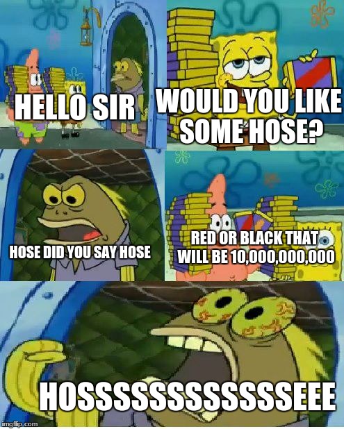 Chocolate Spongebob | WOULD YOU LIKE SOME HOSE? HELLO SIR; RED OR BLACK THAT WILL BE 10,000,000,000; HOSE DID YOU SAY HOSE; HOSSSSSSSSSSSSEEE | image tagged in memes,chocolate spongebob | made w/ Imgflip meme maker