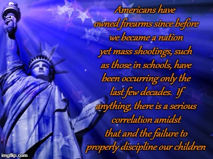 Liberty background | Americans have owned firearms since before we became a nation yet mass shootings, such as those in schools, have been occurring only the last few decades.  If anything, there is a serious correlation amidst that and the failure to properly discipline our children | image tagged in liberty background | made w/ Imgflip meme maker