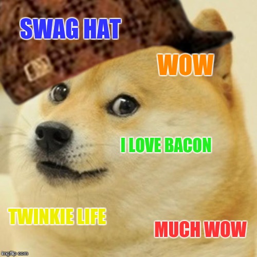 SWAG HAT; WOW; I LOVE BACON; TWINKIE LIFE; MUCH WOW | image tagged in doge | made w/ Imgflip meme maker