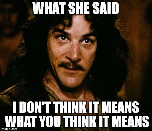 Inigo Montoya | WHAT SHE SAID; I DON'T THINK IT MEANS WHAT YOU THINK IT MEANS | image tagged in memes,inigo montoya | made w/ Imgflip meme maker