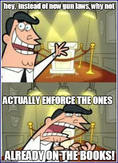 hey,  instead of new gun laws, why not ALREADY ON THE BOOKS! ACTUALLY ENFORCE THE ONES | made w/ Imgflip meme maker