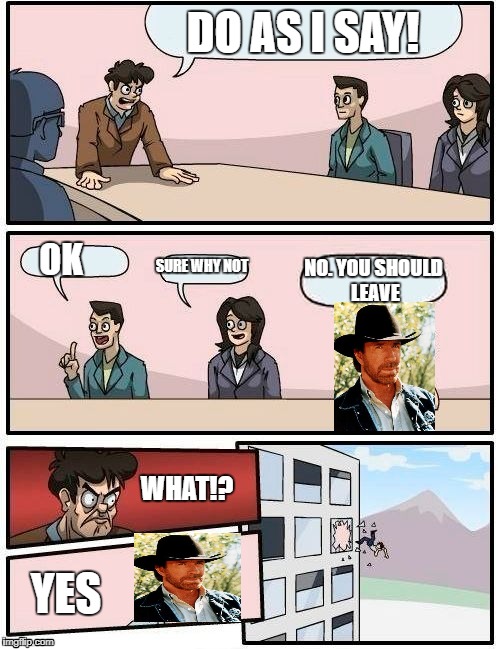 Boardroom Meeting Suggestion | DO AS I SAY! OK; SURE WHY NOT; NO. YOU SHOULD LEAVE; WHAT!? YES | image tagged in memes,boardroom meeting suggestion | made w/ Imgflip meme maker
