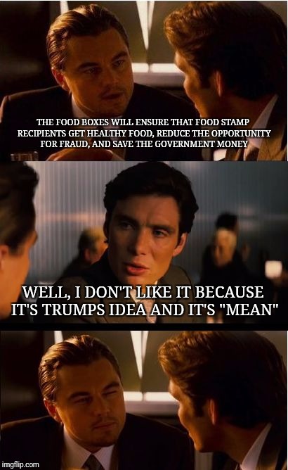 Inception Meme | THE FOOD BOXES WILL ENSURE THAT FOOD STAMP RECIPIENTS GET HEALTHY FOOD, REDUCE THE OPPORTUNITY FOR FRAUD, AND SAVE THE GOVERNMENT MONEY; WELL, I DON'T LIKE IT BECAUSE IT'S TRUMPS IDEA AND IT'S "MEAN" | image tagged in memes,inception | made w/ Imgflip meme maker