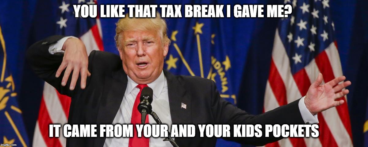 Trump limp | YOU LIKE THAT TAX BREAK I GAVE ME? IT CAME FROM YOUR AND YOUR KIDS POCKETS | image tagged in trump limp | made w/ Imgflip meme maker