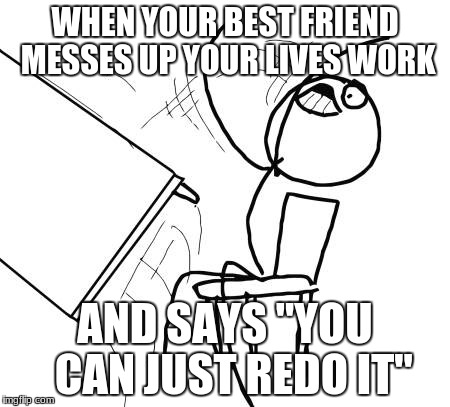 Table Flip Guy Meme | WHEN YOUR BEST FRIEND MESSES UP YOUR LIVES WORK; AND SAYS "YOU  CAN JUST REDO IT" | image tagged in memes,table flip guy | made w/ Imgflip meme maker