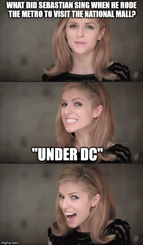Bad Pun Anna Kendrick Meme | WHAT DID SEBASTIAN SING WHEN HE RODE THE METRO TO VISIT THE NATIONAL MALL? "UNDER DC" | image tagged in memes,bad pun anna kendrick | made w/ Imgflip meme maker
