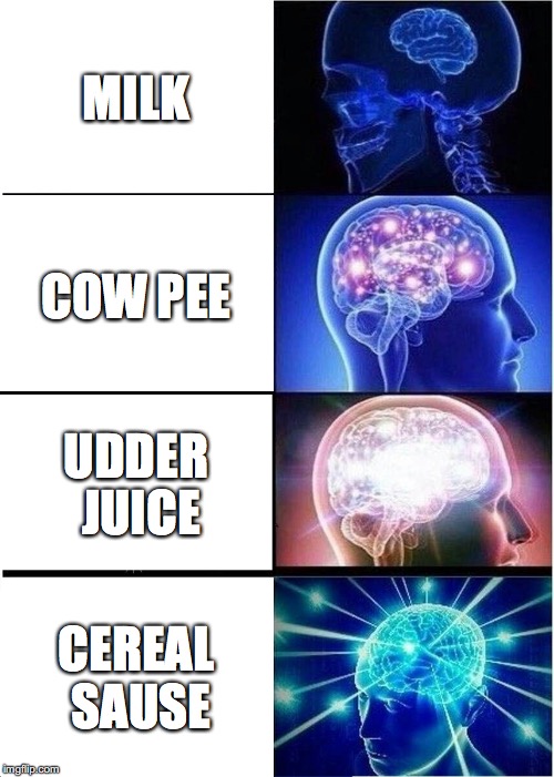 Expanding Brain Meme | MILK; COW PEE; UDDER JUICE; CEREAL SAUSE | image tagged in memes,expanding brain | made w/ Imgflip meme maker