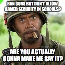 Never go full retard | BAN GUNS BUT DON'T ALLOW ARMED SECURITY IN SCHOOLS? ARE YOU ACTUALLY GONNA MAKE ME SAY IT? | image tagged in never go full retard | made w/ Imgflip meme maker