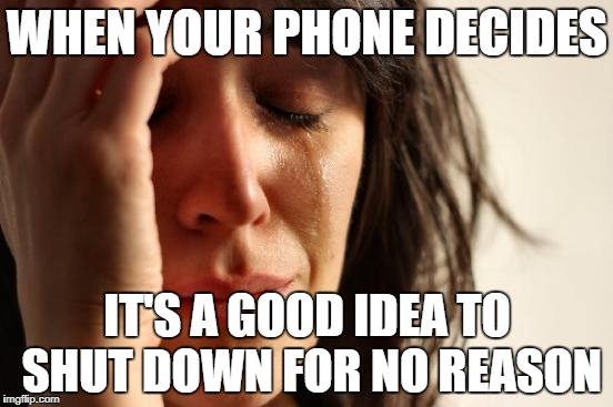 First World Problems | WHEN YOUR PHONE DECIDES; IT'S A GOOD IDEA TO SHUT DOWN FOR NO REASON | image tagged in memes,first world problems | made w/ Imgflip meme maker