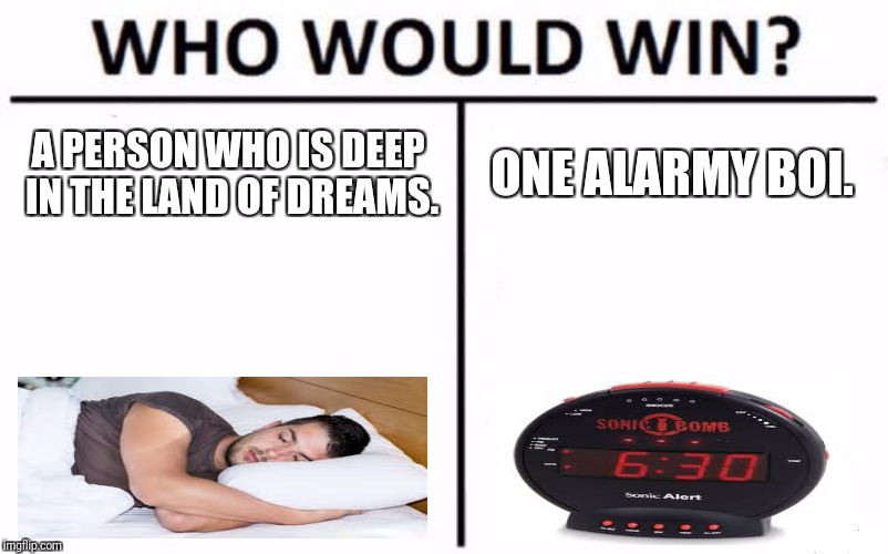 Who here hates when you get to the best part of your dream and right when it's about to happen your alarm clock goes off? | A PERSON WHO IS DEEP IN THE LAND OF DREAMS. ONE ALARMY BOI. | image tagged in memes,who would win | made w/ Imgflip meme maker