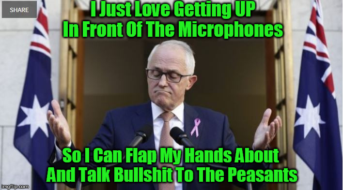 Malcolm Turnbull The Preacher Of Bullshit | I Just Love Getting UP In Front Of The Microphones; So I Can Flap My Hands About And Talk Bullshit To The Peasants | image tagged in malcolm turnbull | made w/ Imgflip meme maker