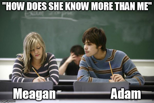Exam | "HOW DOES SHE KNOW MORE THAN ME"; Meagan                        Adam | image tagged in exam | made w/ Imgflip meme maker