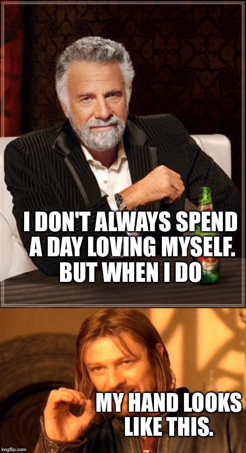 I DON'T ALWAYS SPEND A DAY LOVING MYSELF. BUT WHEN I DO MY HAND LOOKS LIKE THIS. | made w/ Imgflip meme maker