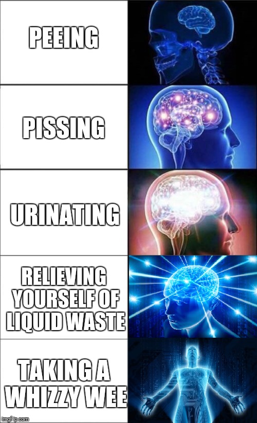 PEEING; PISSING; URINATING; RELIEVING YOURSELF OF LIQUID WASTE; TAKING A WHIZZY WEE | image tagged in expanding brain | made w/ Imgflip meme maker