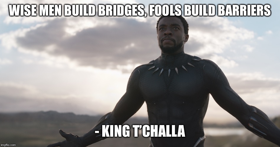 Black Panther Spotlight | WISE MEN BUILD BRIDGES, FOOLS BUILD BARRIERS; - KING T’CHALLA | image tagged in black panther spotlight | made w/ Imgflip meme maker