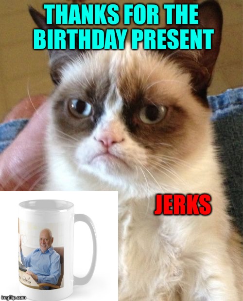 It's the thought that counts, ha. | THANKS FOR THE BIRTHDAY PRESENT; JERKS | image tagged in memes,grumpy cat,hide the pain harold,jerk | made w/ Imgflip meme maker