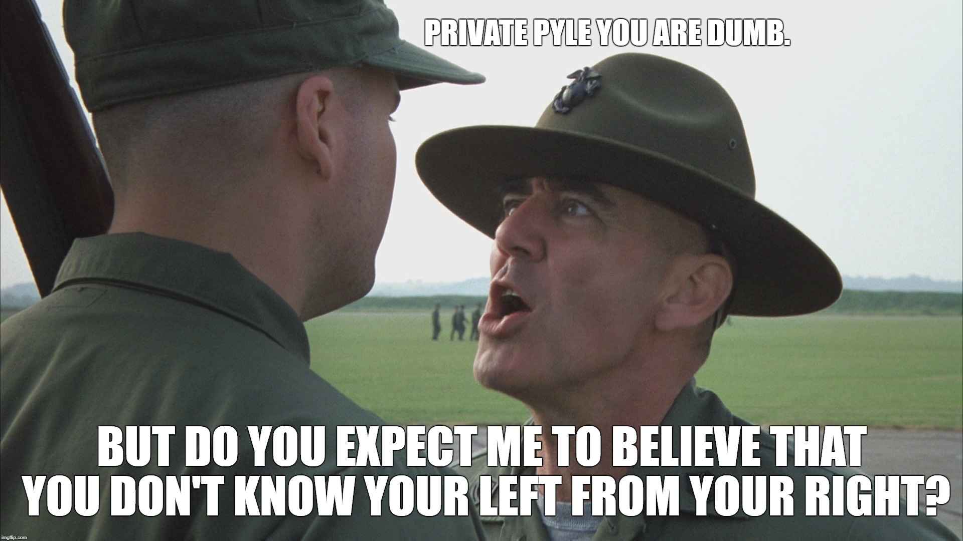 Hartman's Beloved | PRIVATE PYLE YOU ARE DUMB. BUT DO YOU EXPECT ME TO BELIEVE THAT YOU DON'T KNOW YOUR LEFT FROM YOUR RIGHT? | image tagged in hartman's beloved | made w/ Imgflip meme maker