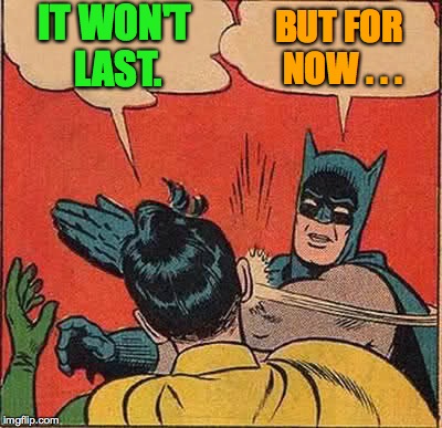 Batman Slapping Robin Meme | IT WON'T LAST. BUT FOR NOW . . . | image tagged in memes,batman slapping robin | made w/ Imgflip meme maker