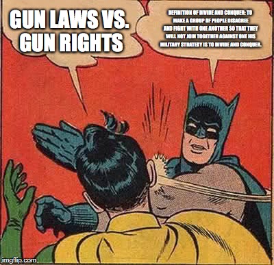 Batman Slapping Robin | DEFINITION OF DIVIDE AND CONQUER:
TO MAKE A GROUP OF PEOPLE DISAGREE AND FIGHT WITH ONE ANOTHER SO THAT THEY WILL NOT JOIN TOGETHER AGAINST ONE HIS MILITARY STRATEGY IS TO DIVIDE AND CONQUER. GUN LAWS VS. GUN RIGHTS | image tagged in memes,batman slapping robin | made w/ Imgflip meme maker