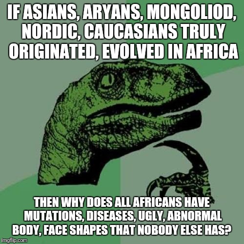 Evolution or devolution?  | IF ASIANS, ARYANS, MONGOLIOD, NORDIC, CAUCASIANS TRULY ORIGINATED, EVOLVED IN AFRICA; THEN WHY DOES ALL AFRICANS HAVE MUTATIONS, DISEASES, UGLY, ABNORMAL BODY, FACE SHAPES THAT NOBODY ELSE HAS? | image tagged in memes,philosoraptor,evolution,politics,contradiction,propaganda | made w/ Imgflip meme maker