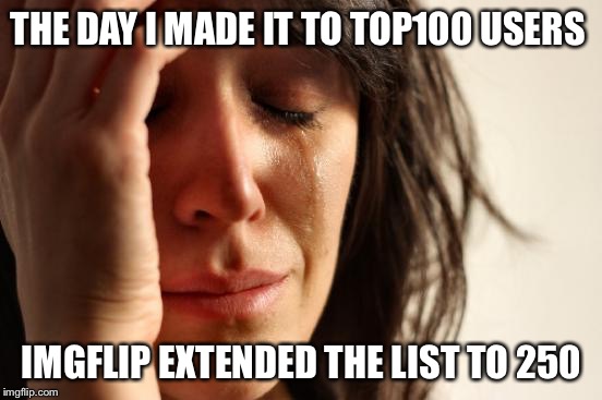 First World Problems | THE DAY I MADE IT TO TOP100 USERS; IMGFLIP EXTENDED THE LIST TO 250 | image tagged in memes,first world problems | made w/ Imgflip meme maker