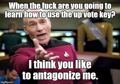 Picard Wtf Meme | When the f**k are you going to learn how to use the up vote key? I think you like to antagonize me. | image tagged in memes,picard wtf | made w/ Imgflip meme maker
