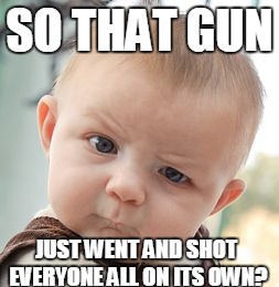 Skeptical Baby Meme | SO THAT GUN JUST WENT AND SHOT EVERYONE ALL ON ITS OWN? | image tagged in memes,skeptical baby | made w/ Imgflip meme maker