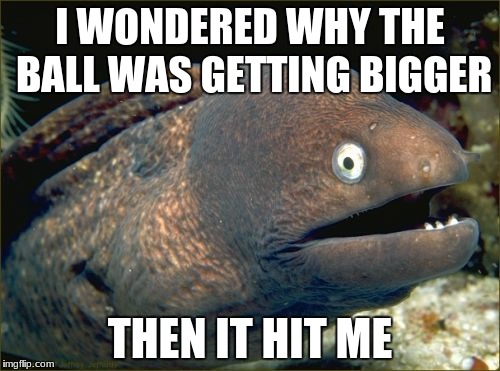 Bad Joke Eel Meme | I WONDERED WHY THE BALL WAS GETTING BIGGER; THEN IT HIT ME | image tagged in memes,bad joke eel | made w/ Imgflip meme maker