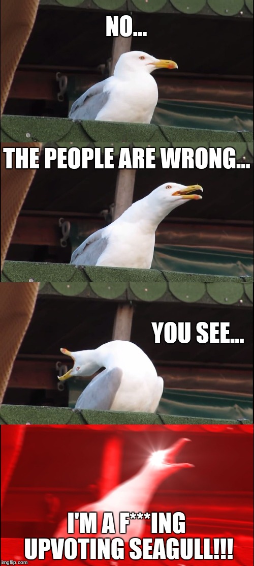 Inhaling Seagull Meme | NO... THE PEOPLE ARE WRONG... YOU SEE... I'M A F***ING UPVOTING SEAGULL!!! | image tagged in memes,inhaling seagull | made w/ Imgflip meme maker