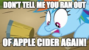 Rainbow Dash desperate for her cider | DON'T TELL ME YOU RAN OUT; OF APPLE CIDER AGAIN! | image tagged in rainbow dash desperate for her cider | made w/ Imgflip meme maker