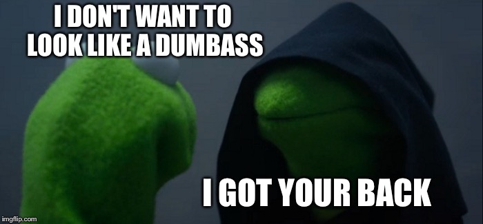 Evil Kermit Meme | I DON'T WANT TO LOOK LIKE A DUMBASS I GOT YOUR BACK | image tagged in memes,evil kermit | made w/ Imgflip meme maker