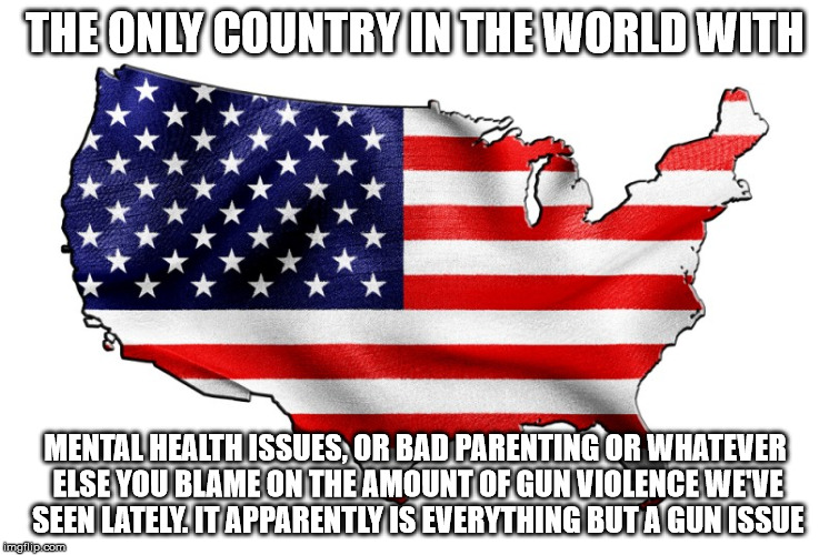 United States of America | THE ONLY COUNTRY IN THE WORLD WITH; MENTAL HEALTH ISSUES, OR BAD PARENTING OR WHATEVER ELSE YOU BLAME ON THE AMOUNT OF GUN VIOLENCE WE'VE SEEN LATELY. IT APPARENTLY IS EVERYTHING BUT A GUN ISSUE | image tagged in united states of america | made w/ Imgflip meme maker