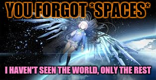 YOU FORGOT *SPACES* I HAVEN'T SEEN THE WORLD, ONLY THE REST | made w/ Imgflip meme maker