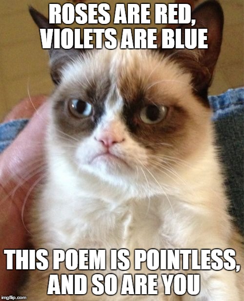 Grumpy Cat Love Poem | ROSES ARE RED, VIOLETS ARE BLUE; THIS POEM IS POINTLESS, AND SO ARE YOU | image tagged in memes,grumpy cat,insults,grumpy cat insults,poetry,poem | made w/ Imgflip meme maker