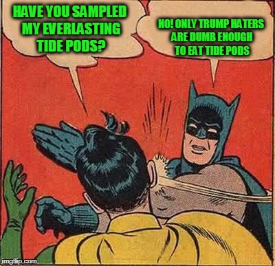 Batman Slapping Robin Meme | HAVE YOU SAMPLED MY EVERLASTING TIDE PODS? NO! ONLY TRUMP HATERS ARE DUMB ENOUGH TO EAT TIDE PODS | image tagged in memes,batman slapping robin | made w/ Imgflip meme maker