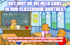 guns and bears | BUT WHY DO WE NEED GUNS IN OUR CLASSROOM, BROTHER? BECAUSE MRS DEVOSS BELIEVES SCHOOLS NEED TO BE PREPARED TO PROTECT AGAINST BEARS! | image tagged in bear | made w/ Imgflip meme maker