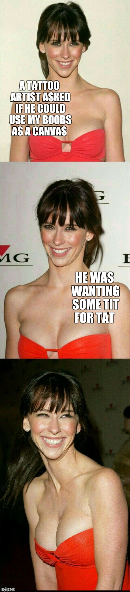 Jennifer Love Hewitt joke template  | A TATTOO ARTIST ASKED IF HE COULD USE MY B00BS AS A CANVAS; HE WAS WANTING SOME TIT FOR TAT | image tagged in jennifer love hewitt joke template,jbmemegeek,jennifer love hewitt,bad puns,tattoos | made w/ Imgflip meme maker