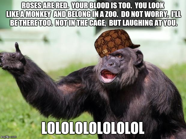 Angry Supervisor Monkey | ROSES ARE RED. 
YOUR BLOOD IS TOO. 
YOU LOOK LIKE A MONKEY 
AND BELONG IN A ZOO. 
DO NOT WORRY, 
I'LL BE THERE TOO. 
NOT IN THE CAGE, 
BUT LAUGHING AT YOU. LOLOLOLOLOLOLOL | image tagged in angry supervisor monkey,scumbag | made w/ Imgflip meme maker