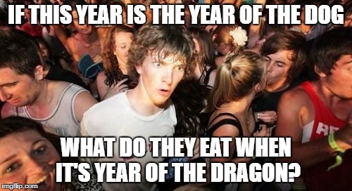 Gung hay fat choy | IF THIS YEAR IS THE YEAR OF THE DOG; WHAT DO THEY EAT WHEN IT'S YEAR OF THE DRAGON? | image tagged in memes,sudden clarity clarence,chinese | made w/ Imgflip meme maker