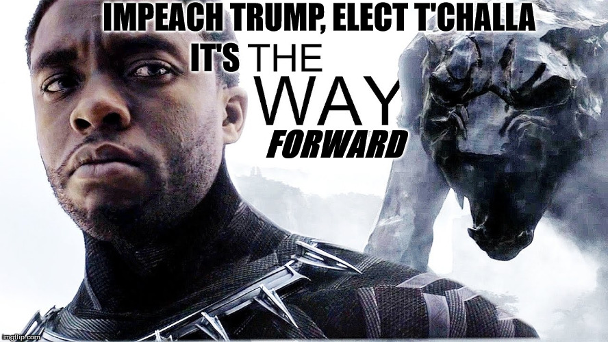 T'Challa for President (Bye Bye Trump) | IMPEACH TRUMP, ELECT T'CHALLA; IT'S; FORWARD | image tagged in t'challa notrump blackpanther | made w/ Imgflip meme maker