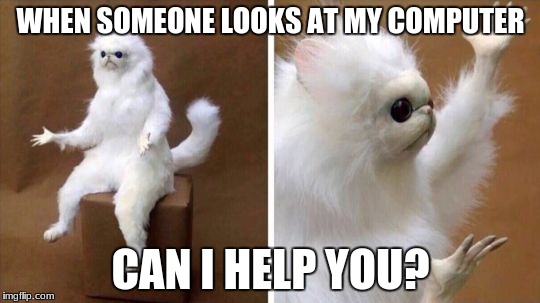 Wtf Cat | WHEN SOMEONE LOOKS AT MY COMPUTER; CAN I HELP YOU? | image tagged in wtf cat | made w/ Imgflip meme maker