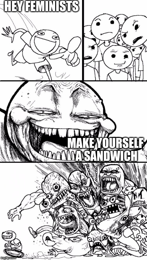 Hey Internet | HEY FEMINISTS; MAKE YOURSELF A SANDWICH | image tagged in memes,hey internet | made w/ Imgflip meme maker